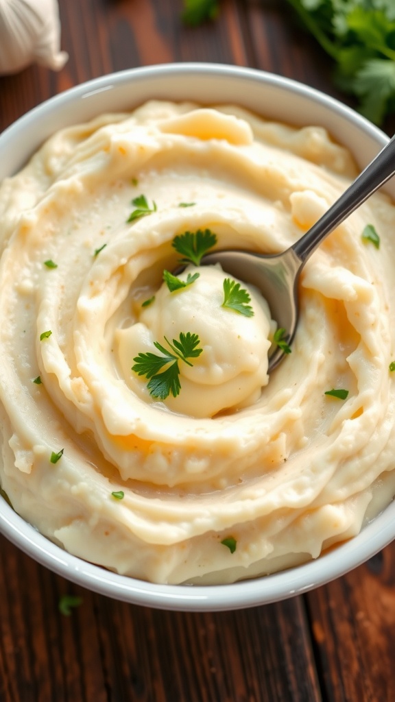 A bowl of creamy garlic mashed potatoes with parsley garnish on a wooden table.